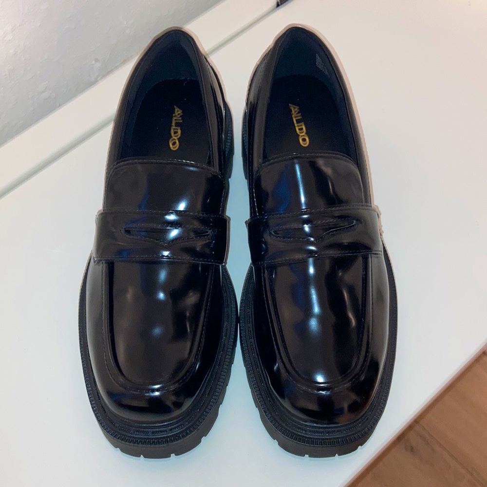 Black Patent Leather (vegan) platform ALDO Loafers.